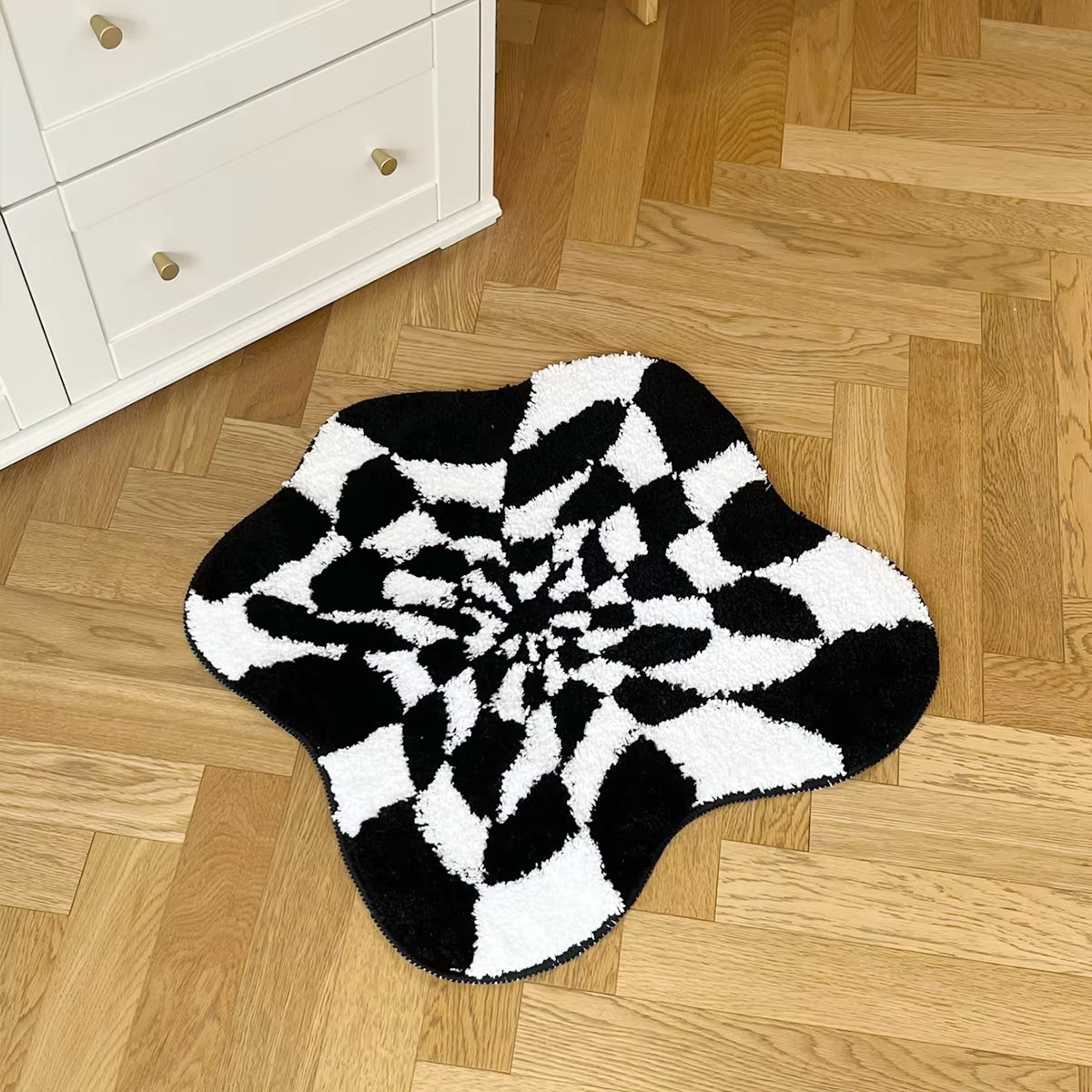 Abstract 3D Illusion Checkered Cloud Shape Tufted Rug - Handmade Modern Black and White Design - Fluid Art Porch Carpet