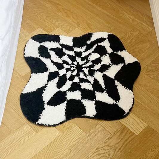 Abstract 3D Illusion Checkered Cloud Shape Tufted Rug - Handmade Modern Black and White Design - Fluid Art Porch Carpet
