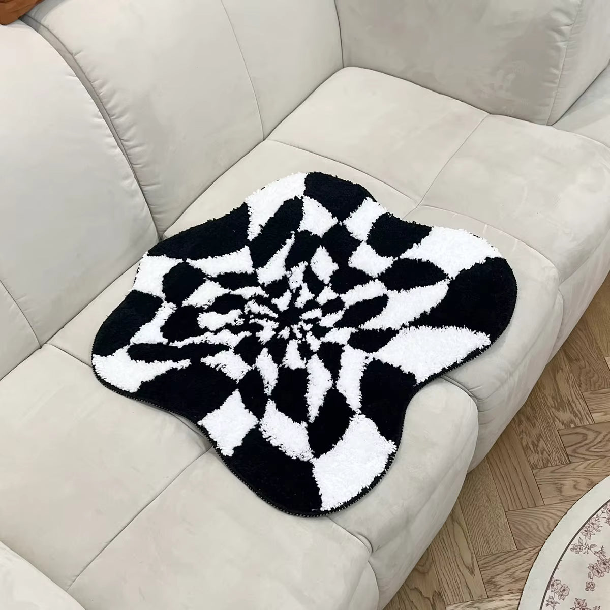 Abstract 3D Illusion Checkered Cloud Shape Tufted Rug - Handmade Modern Black and White Design - Fluid Art Porch Carpet