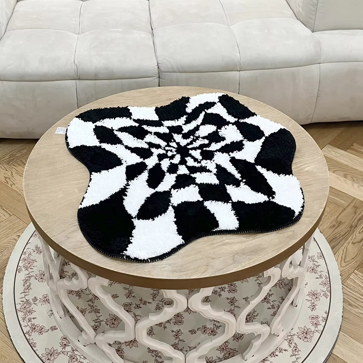 Abstract 3D Illusion Checkered Cloud Shape Tufted Rug - Handmade Modern Black and White Design - Fluid Art Porch Carpet