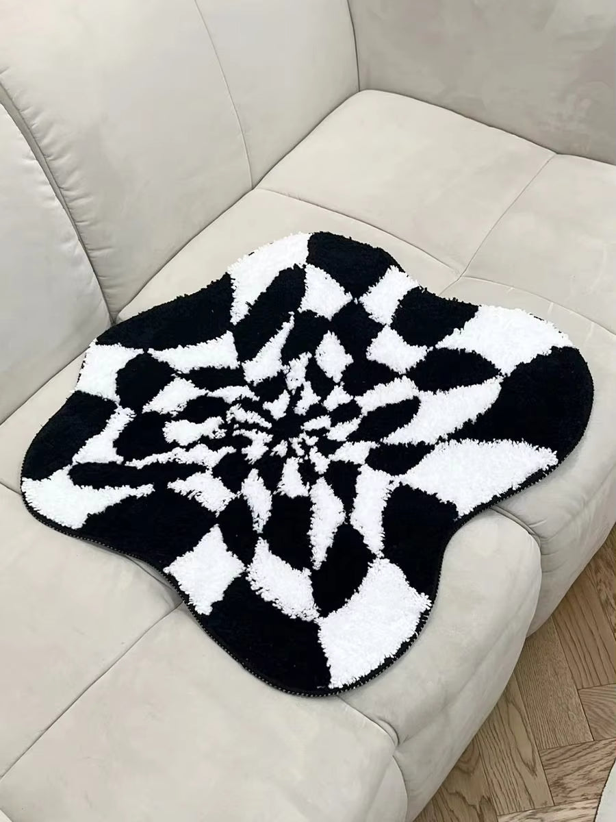Abstract 3D Illusion Checkered Cloud Shape Tufted Rug - Handmade Modern Black and White Design - Fluid Art Porch Carpet