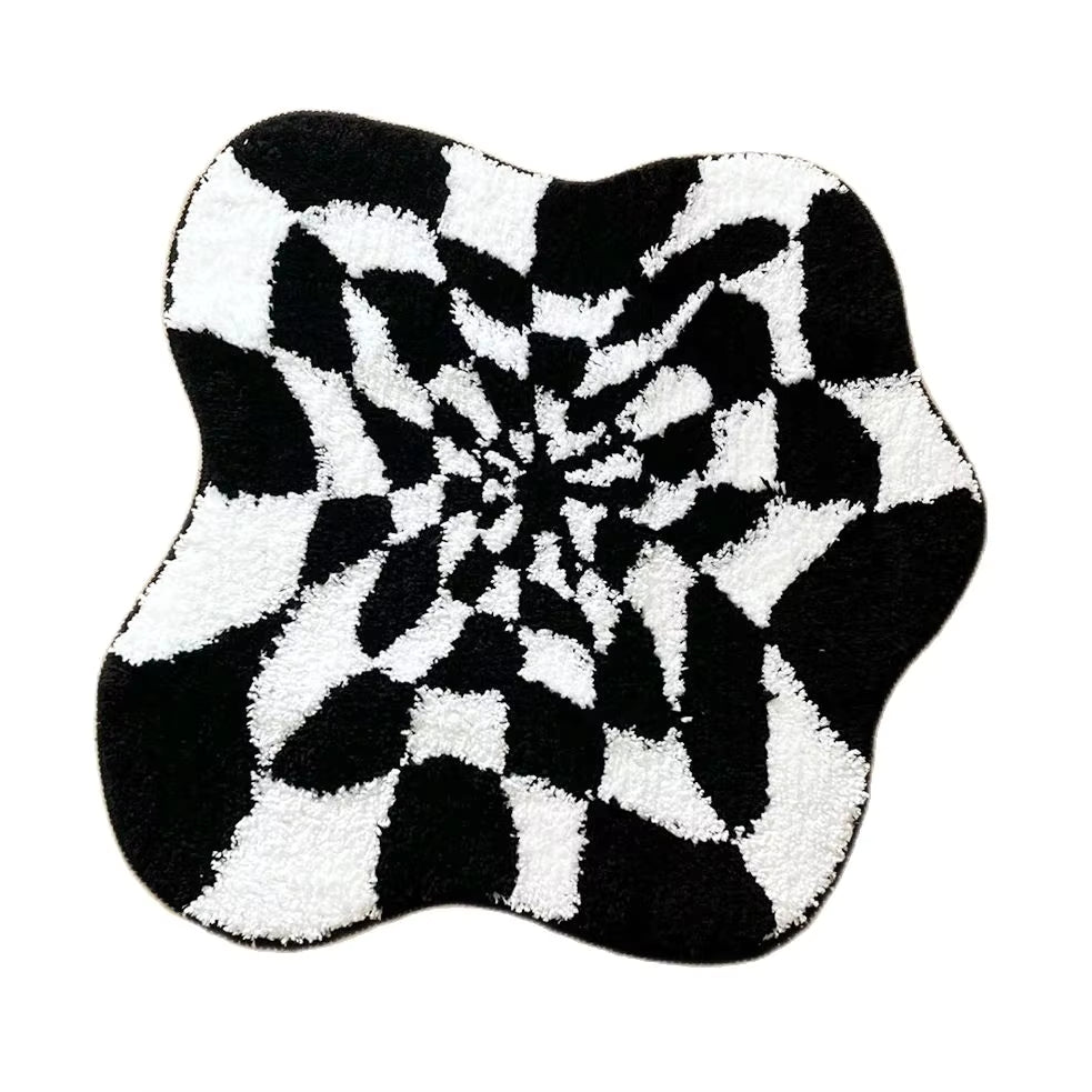 Abstract 3D Illusion Checkered Cloud Shape Tufted Rug - Handmade Modern Black and White Design - Fluid Art Porch Carpet