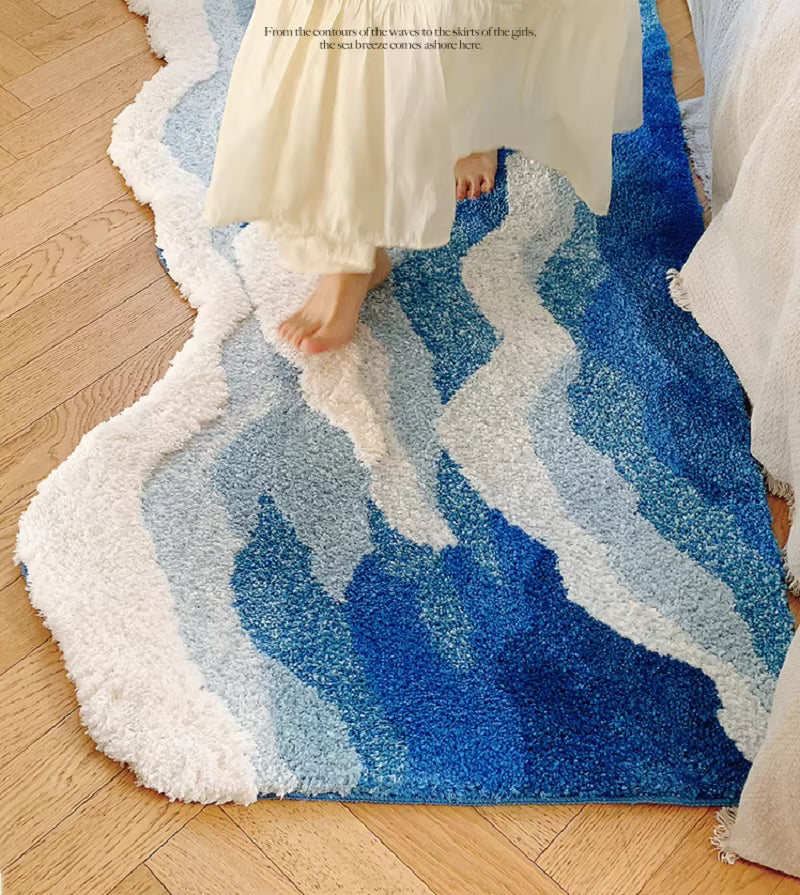 Blue Sea Pattern Tufted Rug Funny Japanese Style Tufting Rug Cute Flocking Carpet Floor Pad Anti Slip Doormat Aesthetic Home Pad