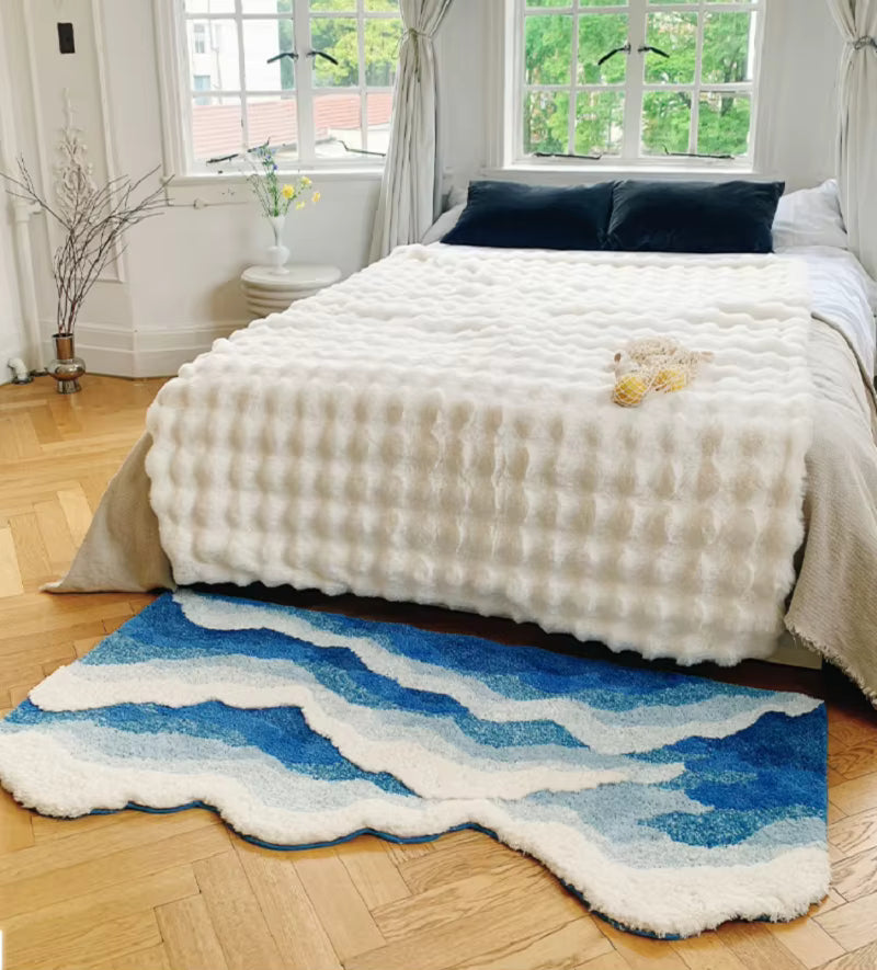 Blue Sea Pattern Tufted Rug Funny Japanese Style Tufting Rug Cute Flocking Carpet Floor Pad Anti Slip Doormat Aesthetic Home Pad